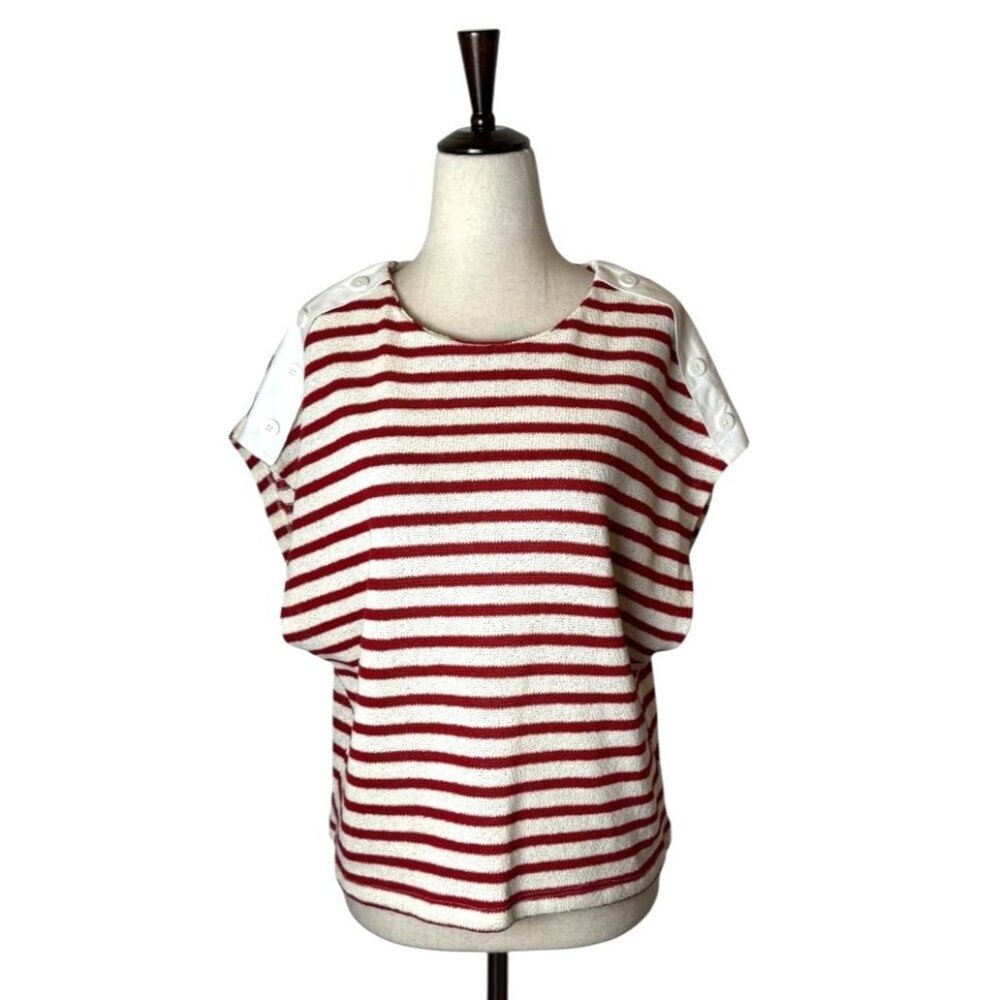 Zara Shirt Women Medium Red White Striped Knit Button Shoulder Top Coastal